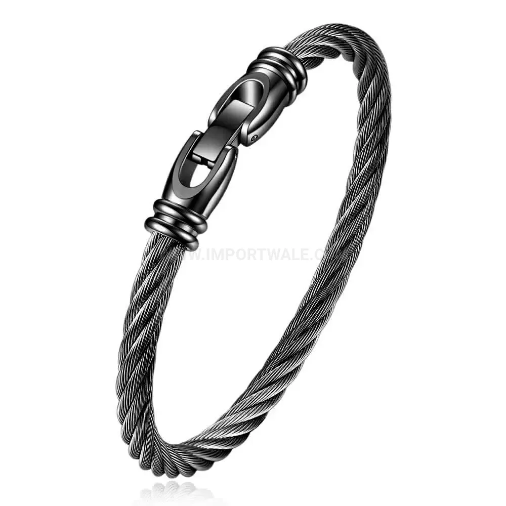 Classic Twisted Stainless Steel Wire Cable Bangle With Clasp Accent