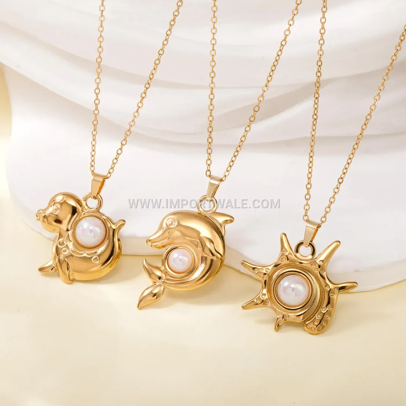 18K Gold Plated Stainless Steel Imitation Pearl Pendant Link Necklace