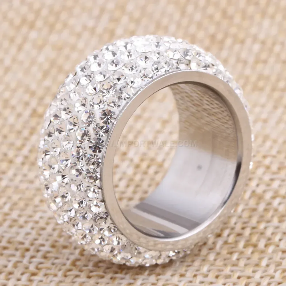 Wide Band Crystal Inlaid Stainless Steel Ring