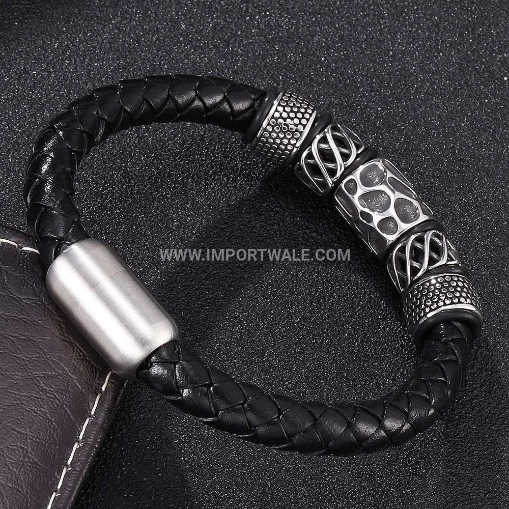 Geometric Stainless Steel Leather Cord Men Bracelet