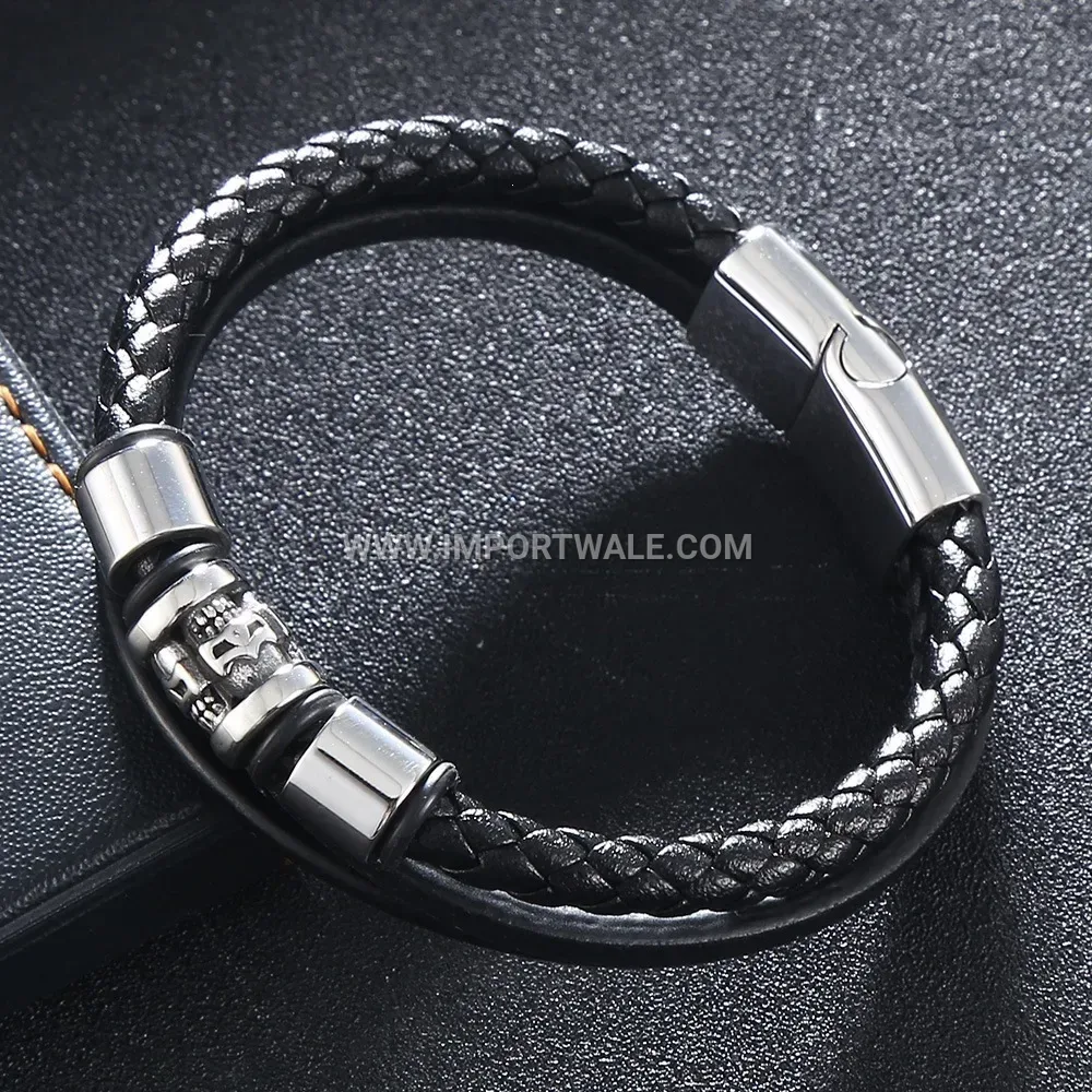 Multi-Layer Braided Black Leather Wristband with Steel Magnetic Clasp