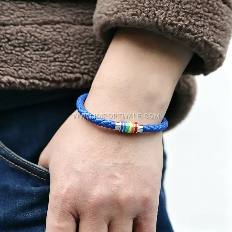 Braided Rainbow Accent PU Leather Wristband With Magnetic Clasp