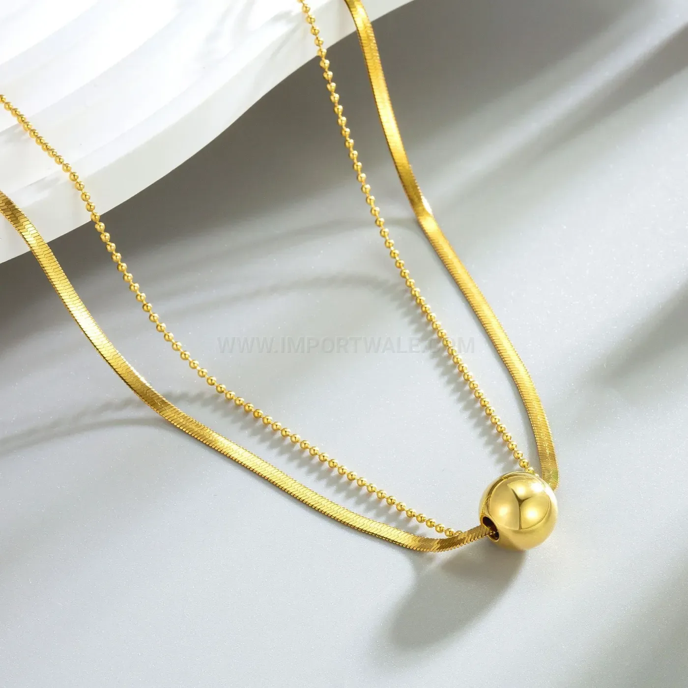 Chic Gold Plated Titanium Steel Layered Cuban Chain Necklace with Bead Accent