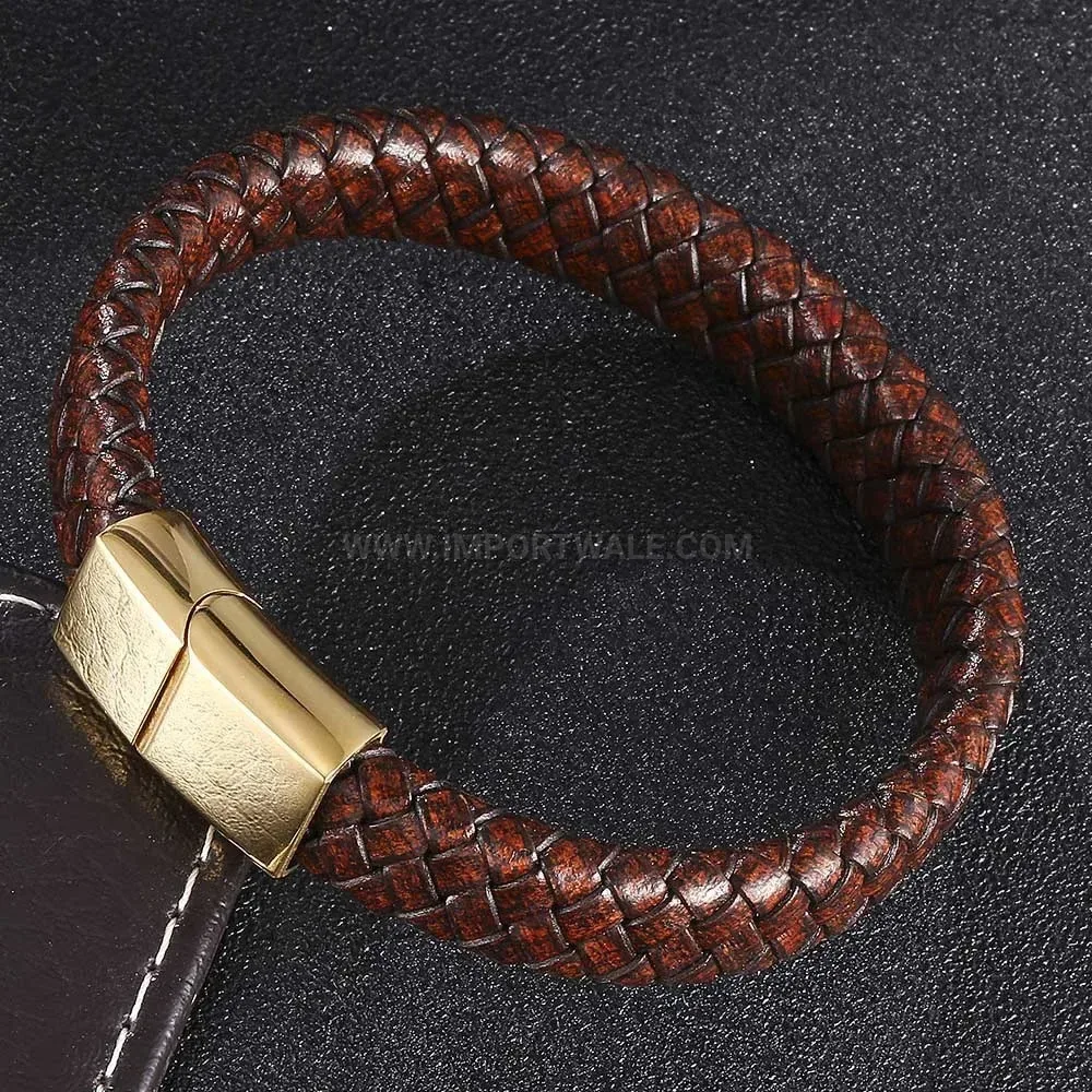 Sleek Brown Braided Leather Bracelet with Gold Accent Stainless Clasp