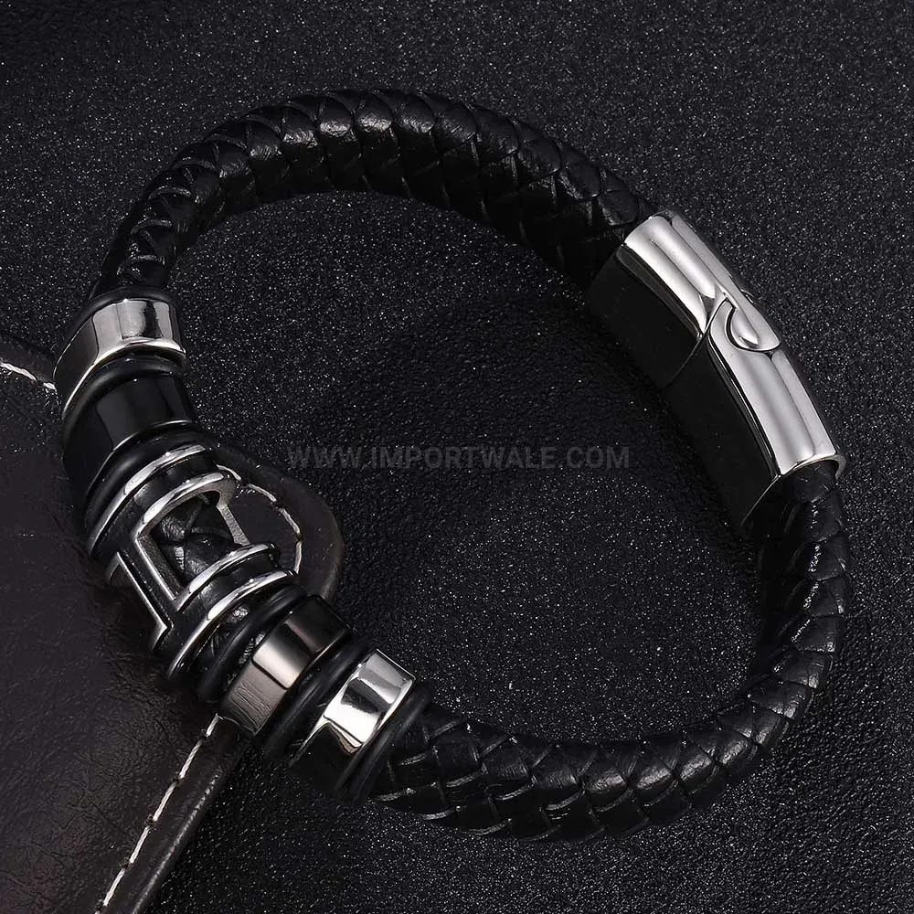 Bold Braided Leather Wristband with Stainless Steel Magnetic Clasp