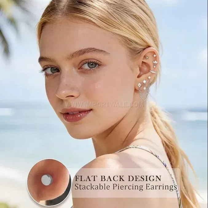 Classic Titanium Steel Zircon Cartilage Piercing Stud Earrings Set