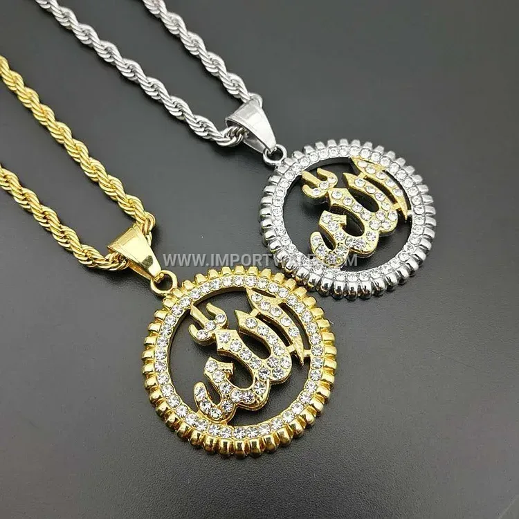 Sparkling Zircon Stainless Steel Arabic Calligraphy Allah Pendant Necklace