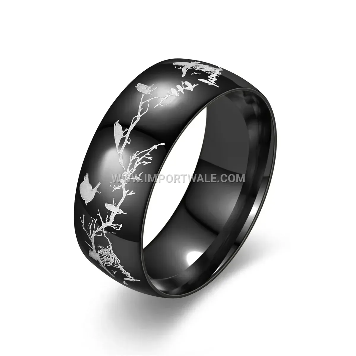 Stainless Steel Laser Engraved Bird Branch Band Ring
