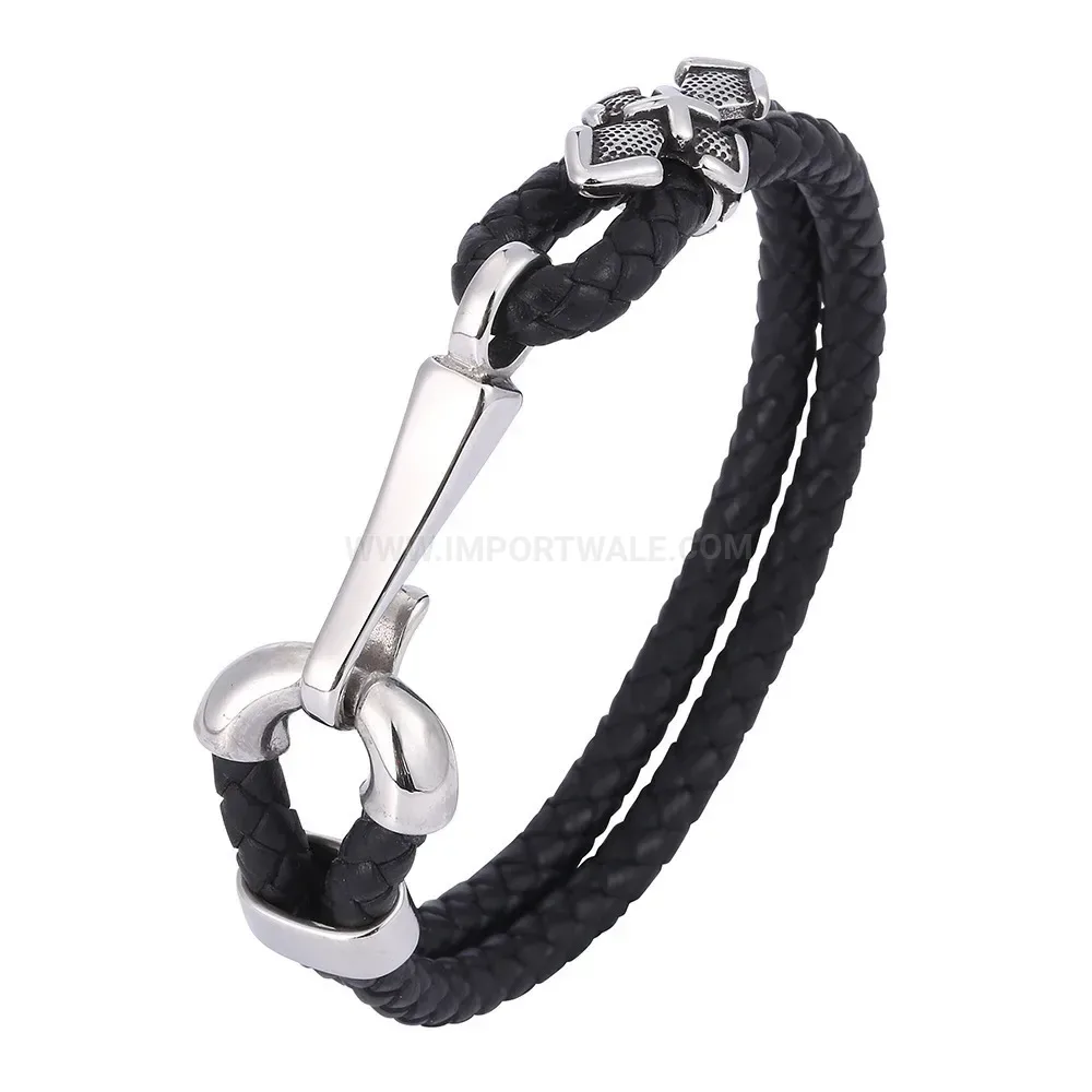 Nautical Fish Hook Woven Leather Bracelet with Stainless Steel Hardware