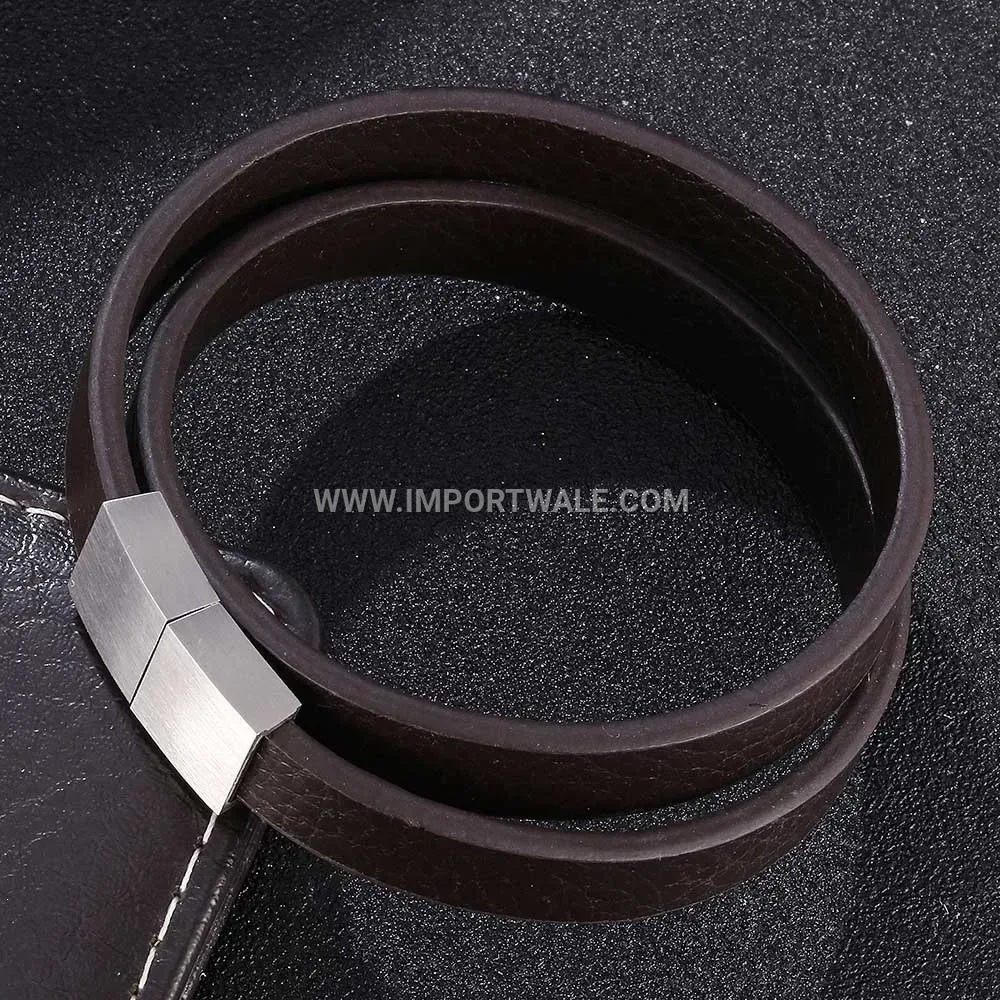 Double Wrap Braided Brown Leather Bracelet Stainless Steel Clasp