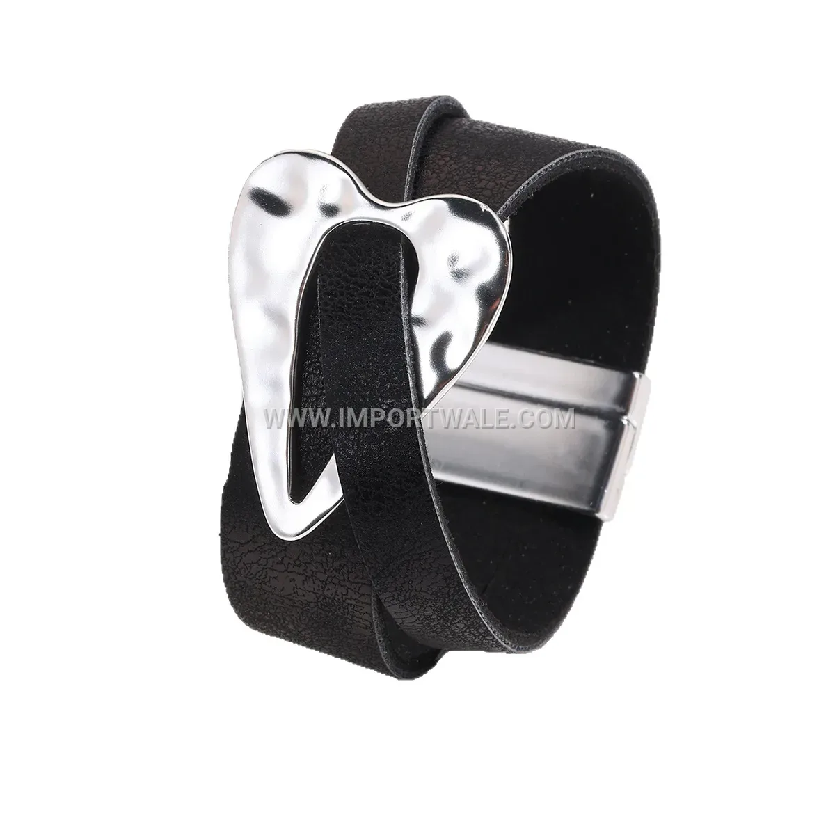 Statement Alloy Heart Charm Leather Cuff Bracelet