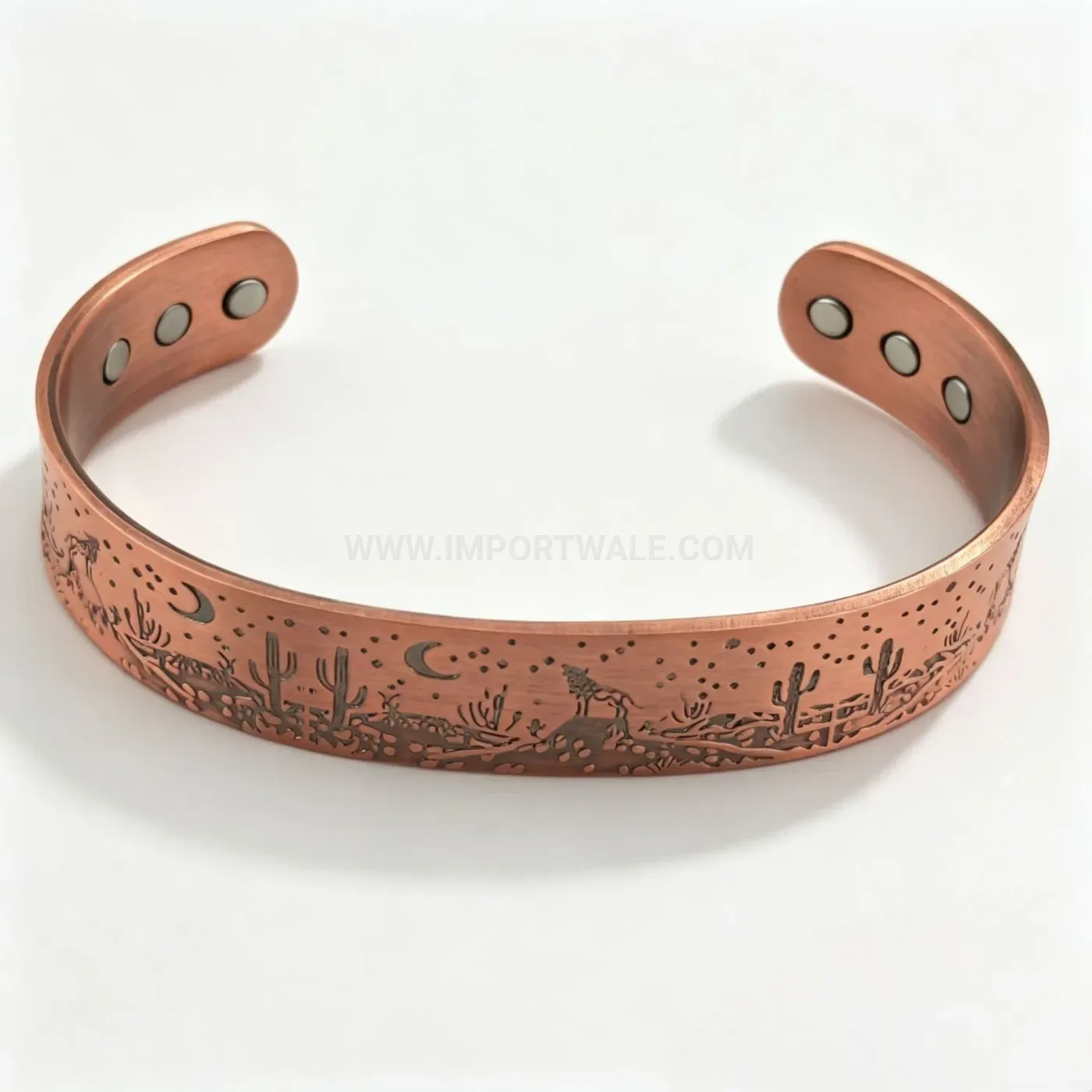 Engraved Desert Wolf Night Scene Copper Magnetic Cuff