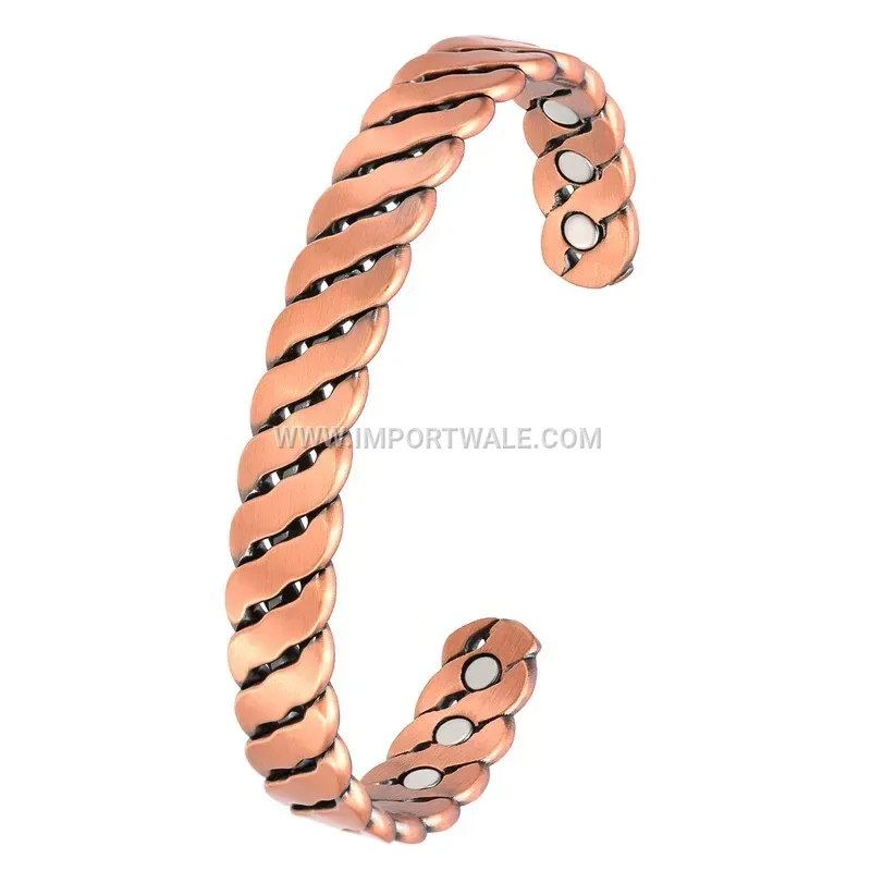 Vintage Pure Red Copper Braided Twist Magnetic Open Cuff Bracelet