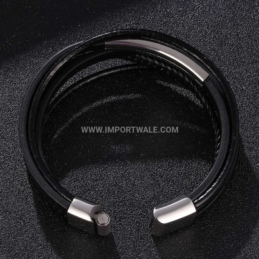 Layered Stainless Steel Curved Tube and Leather Men's Bracelet