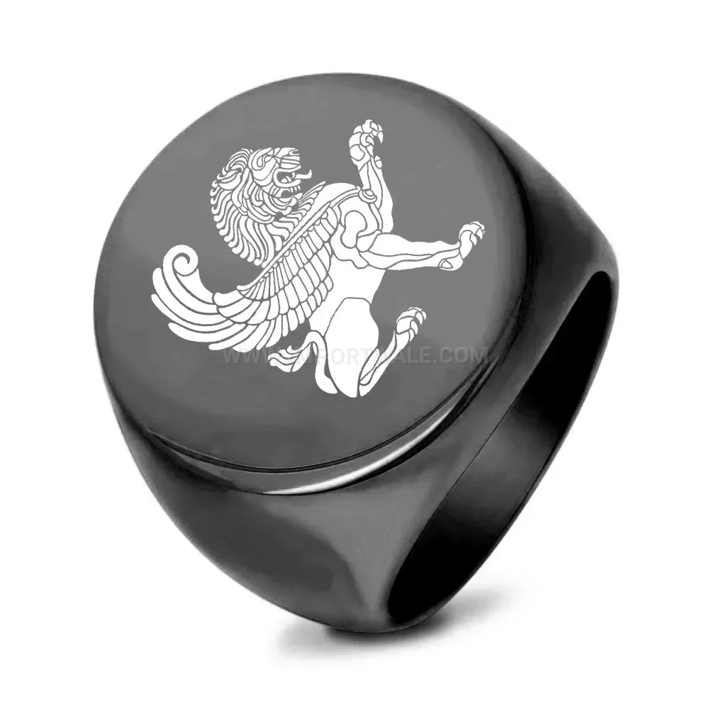 Designer Engraved Griffin Crest Stainless Steel Signet Ring