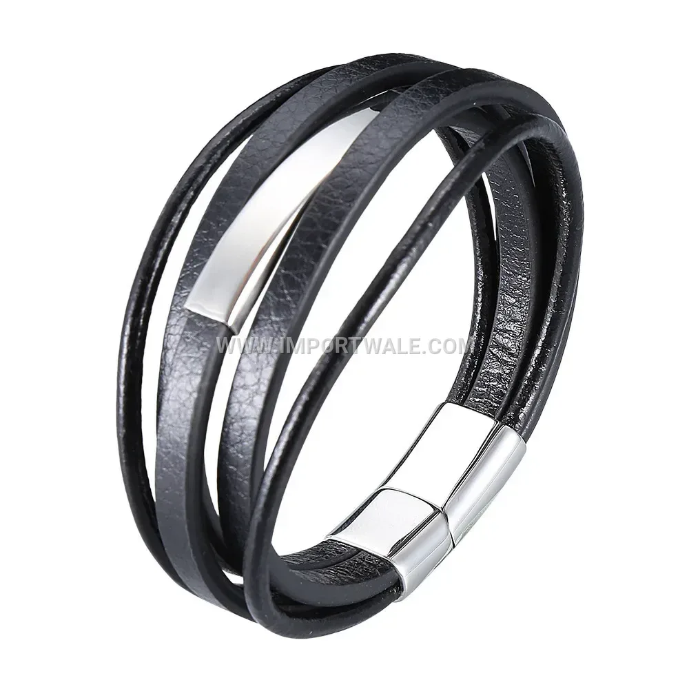 Layered Black Cowhide Leather and Stainless Steel Wristband Bracelet