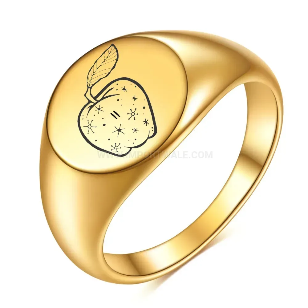 Modern Laser Engraved Apple Motif Stainless Steel Round Ring