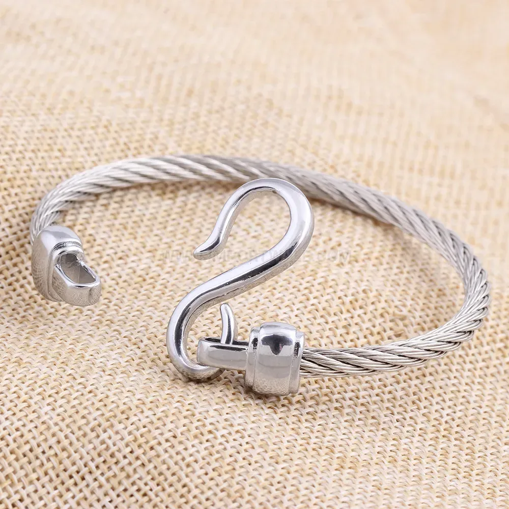 Designer Thick Cable Wire Fishhook Stainless Steel Bangle Bracelet