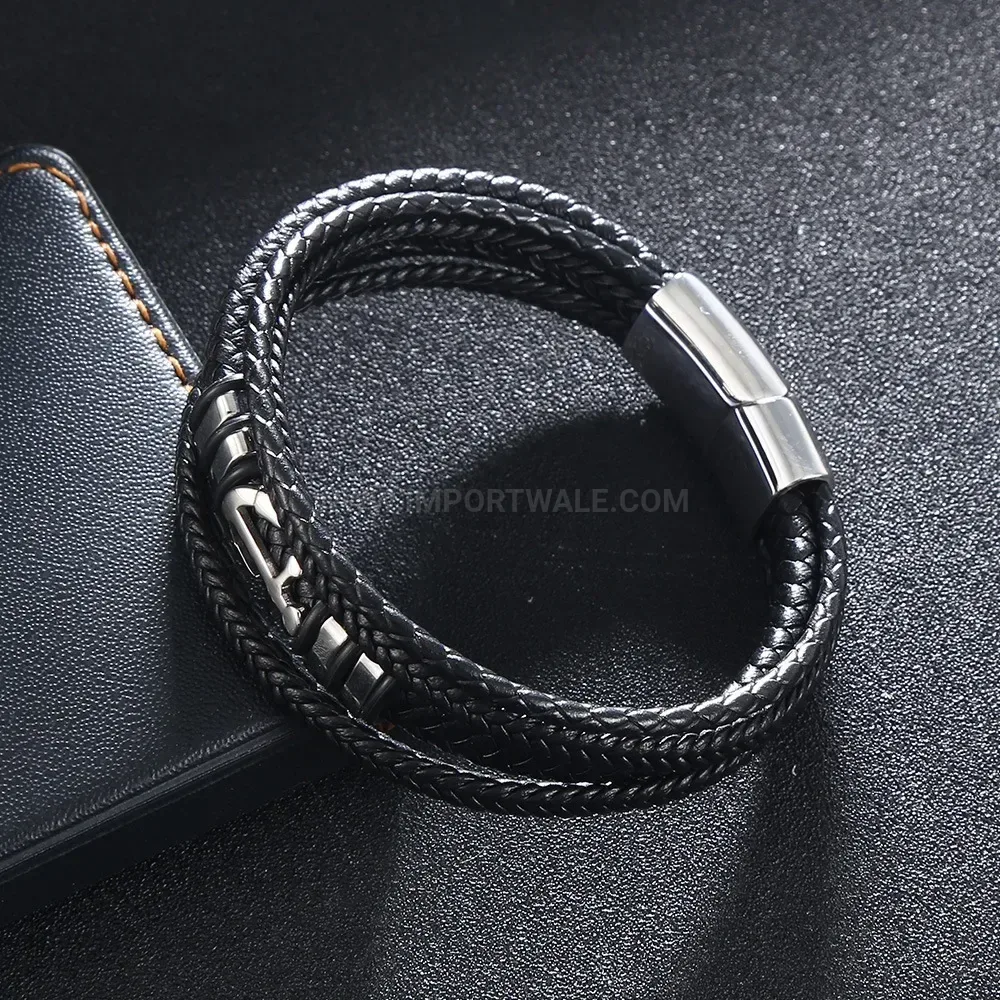 Handwoven Braided Leather Cord Bracelet featuring Stainless Steel Magnetic Lock