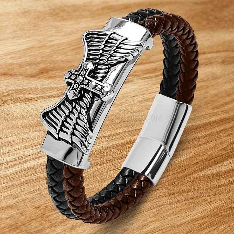 Designer Men's Stainless Steel Cross Wing Accent Two-Tone Leather Bracelet