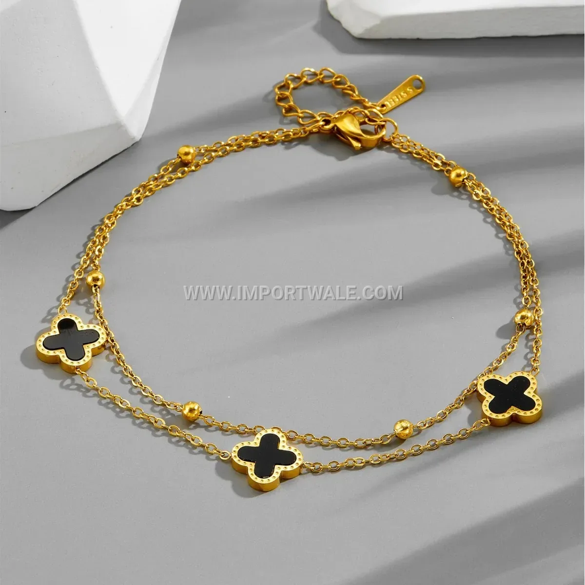 Double Layer Four Leaf Clover Gold Toned Premium Anklet Anti Tarnish