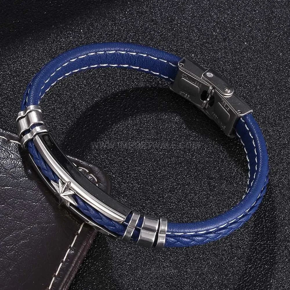 Woven Blue Leather Stainless Steel Star Bracelet for Men