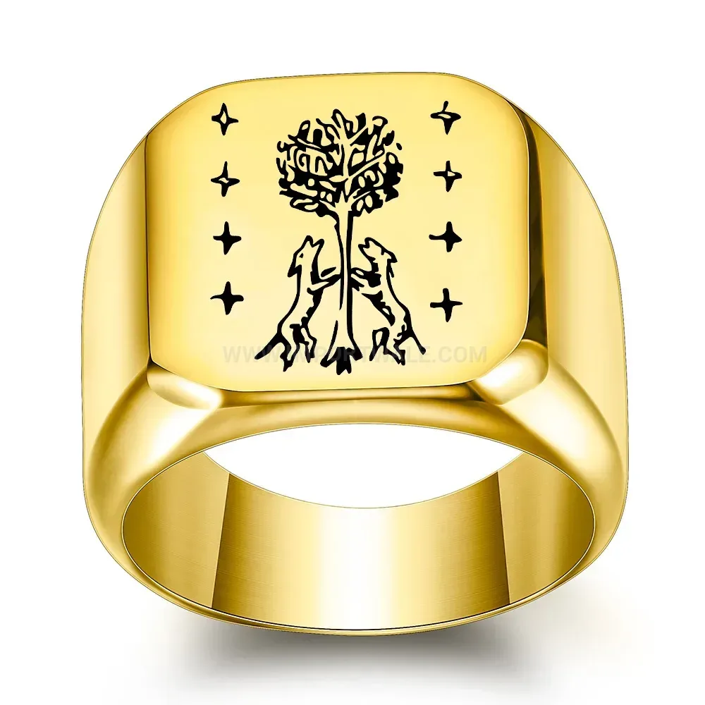 Trendy Wide Square Stainless Steel Engraved Nature Motif Ring