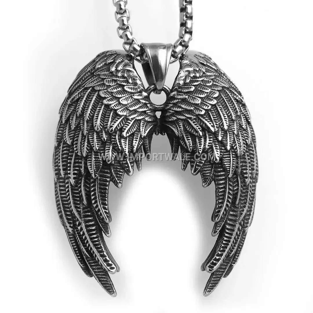 Polished Stainless Steel Angel Wings Motif Pendant