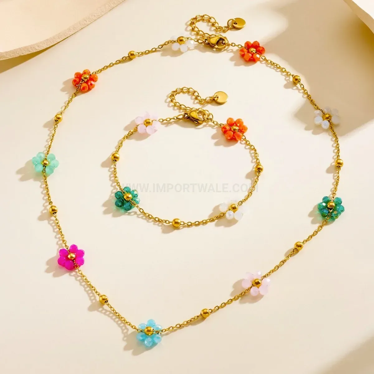 Floral Crystal Stainless Steel Chain Link Bracelet