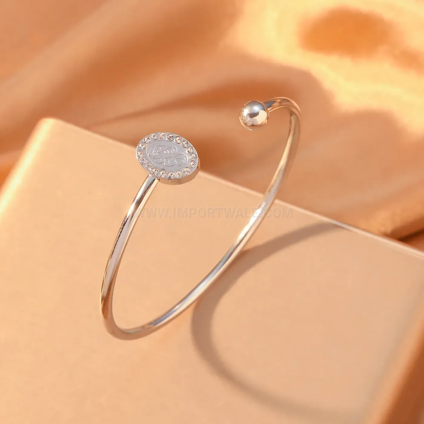 Stainless Steel Oval Medallion Crystal Islamic Cuff Bangle