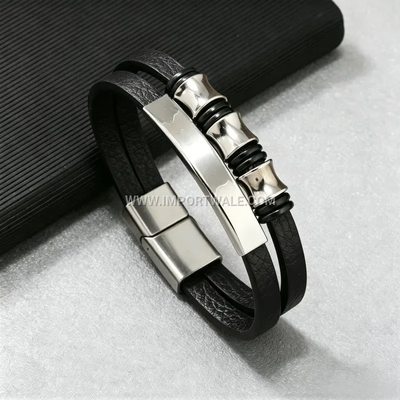 Double Layer Leather Bracelet with Steel Ring Accent