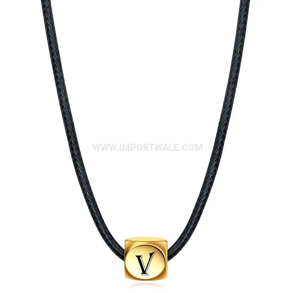 Stainless Steel Cube Initial Pendant Leather Cord Necklace