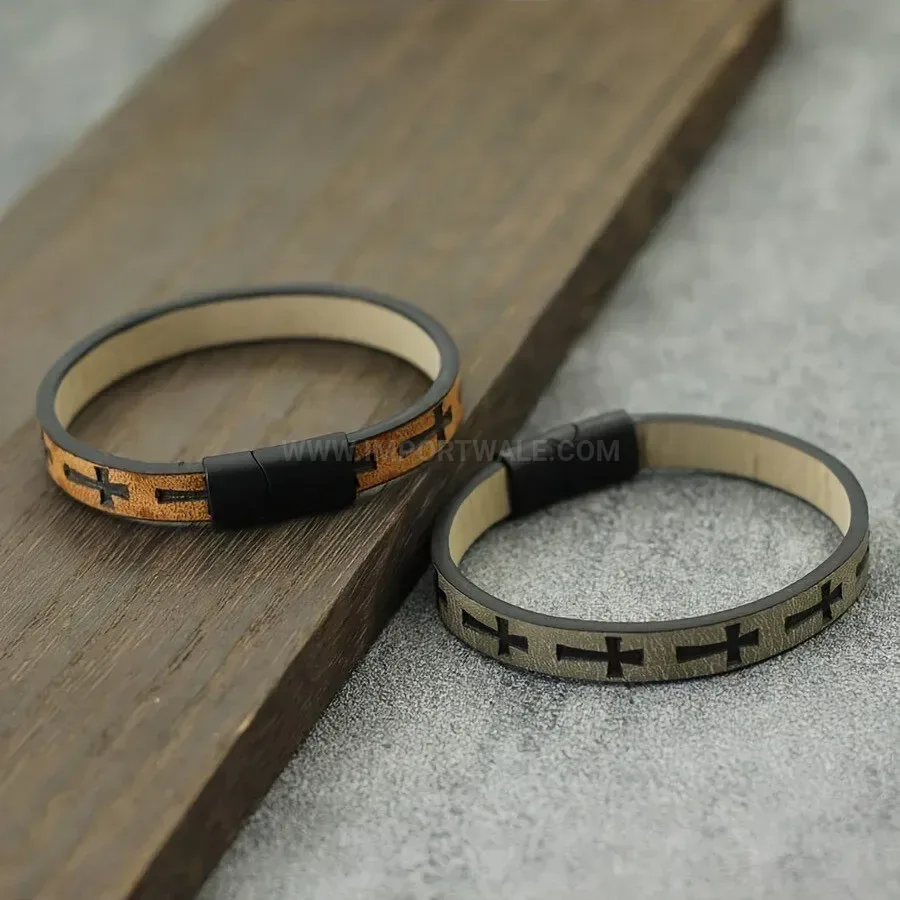 Stylish Printed Cross Faux Leather Bracelet With Magnetic Clasp