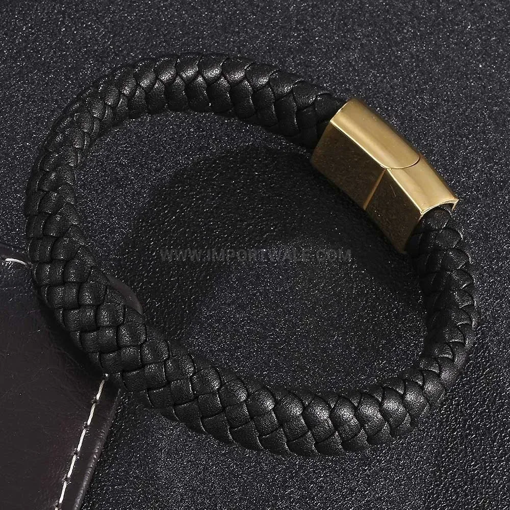 Woven Leather Wristband with Stainless Steel Clasp Fastening