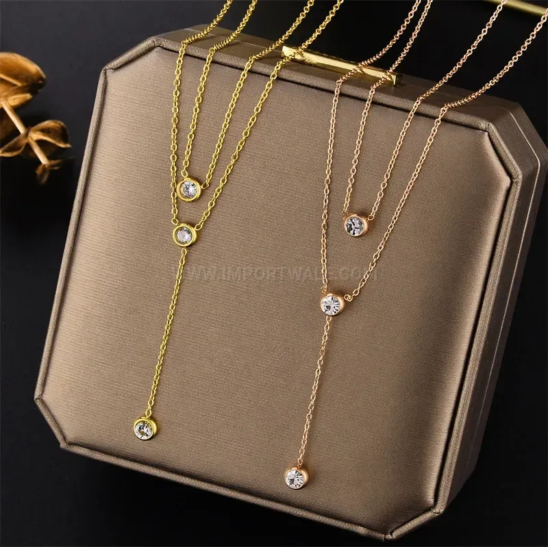Chic Double Layer Titanium Steel Crystal Accent Choker Necklace