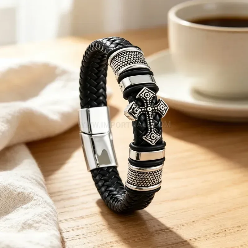 Trendy Braided Leather Cross Charm Wristband with Magnetic Clasp