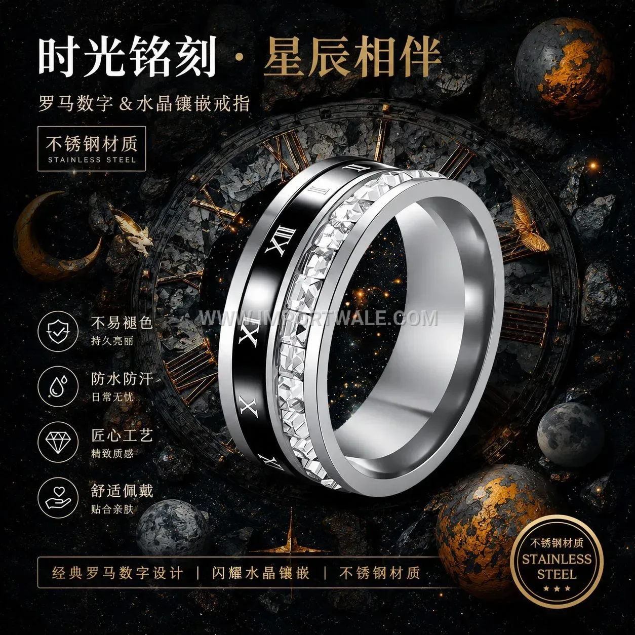 Roman Numeral Rhinestone Stainless Steel Spinner Band Ring