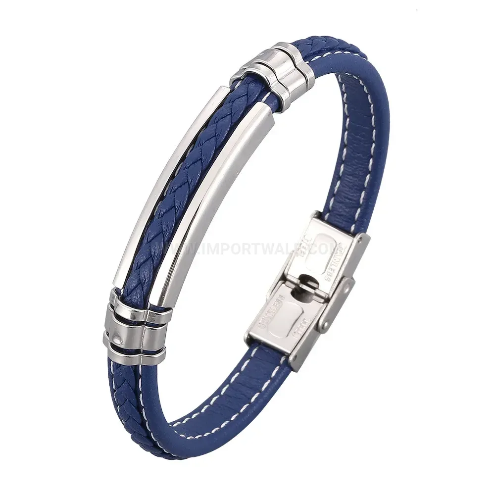 Woven Blue Leather and Stainless Steel Bracelet