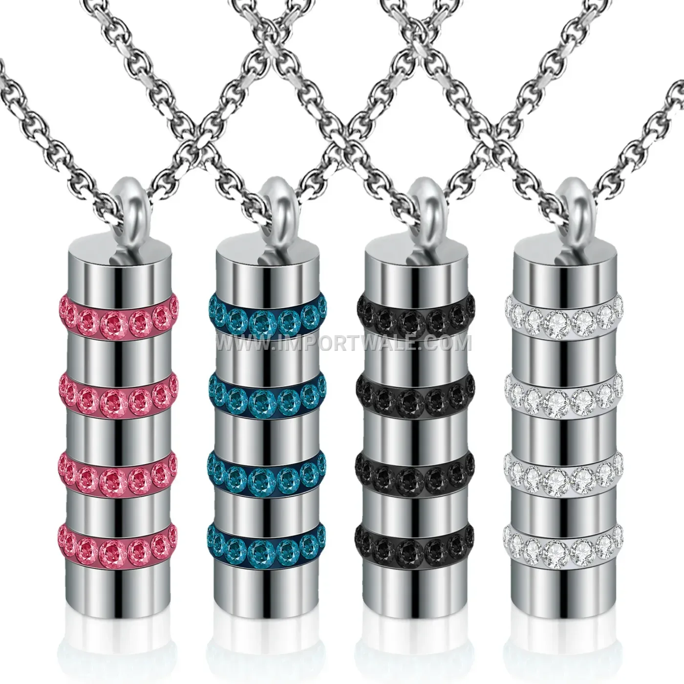 Cylindrical Rhinestone Stainless Steel Pendant Necklace