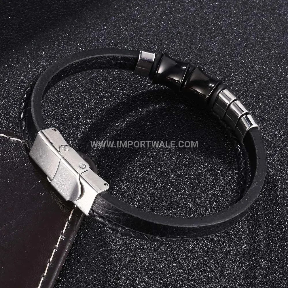 Inlaid Stainless Steel and Black Leather Braided Wristband