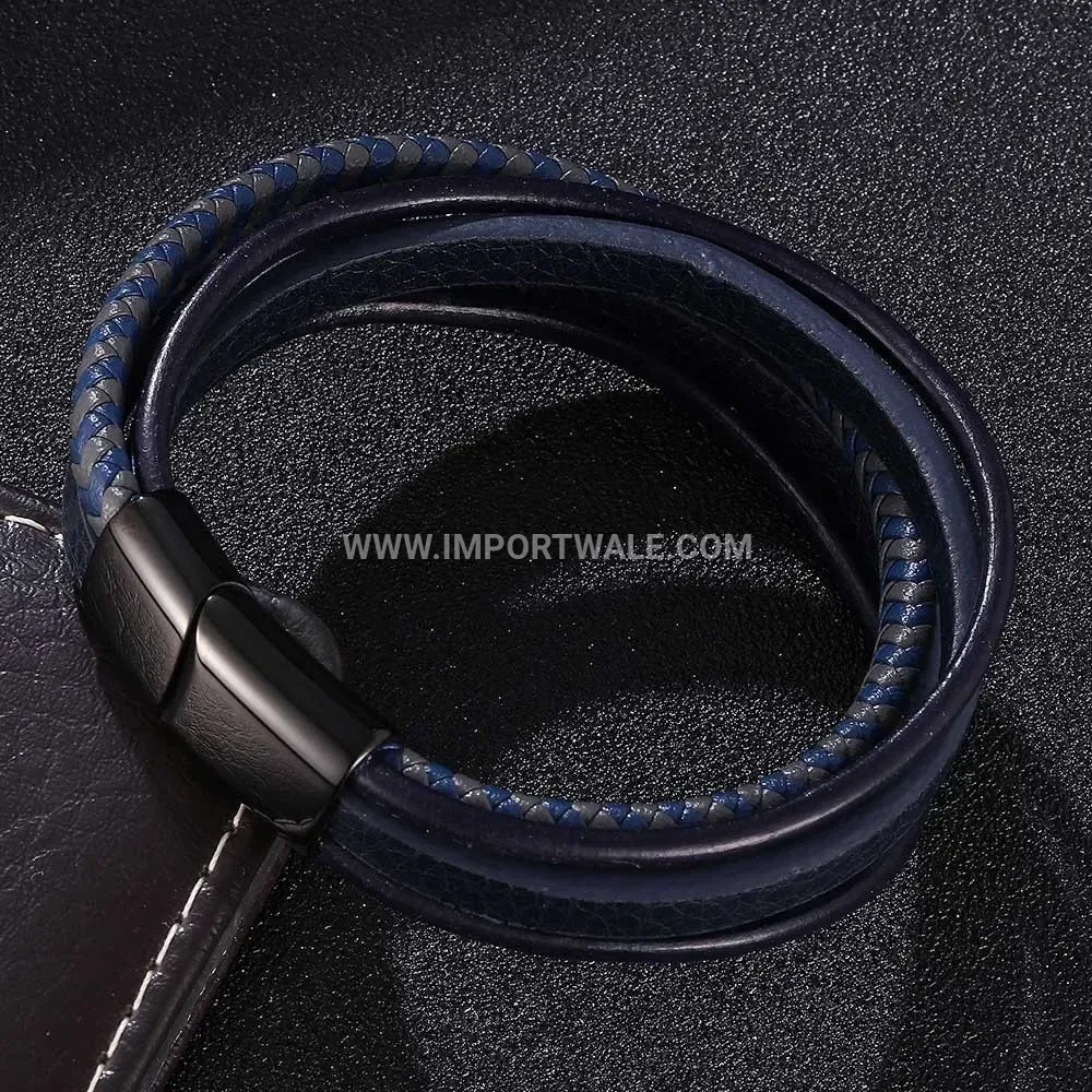Handwoven Blue and Grey Leather Steel Bracelet with Black Clasp