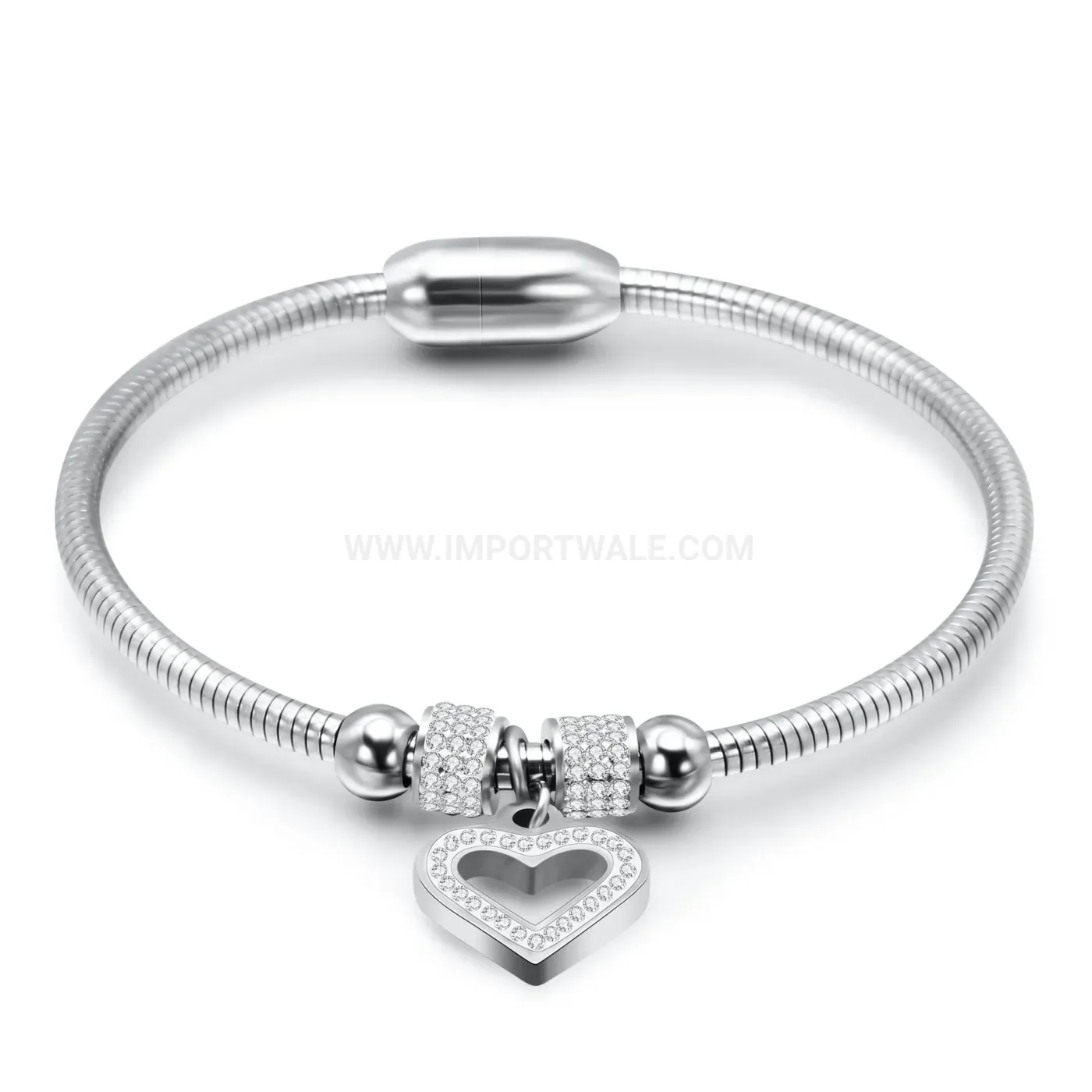 Classic Stainless Steel Heart Rhinestone Snake Chain Magnetic Bracelet