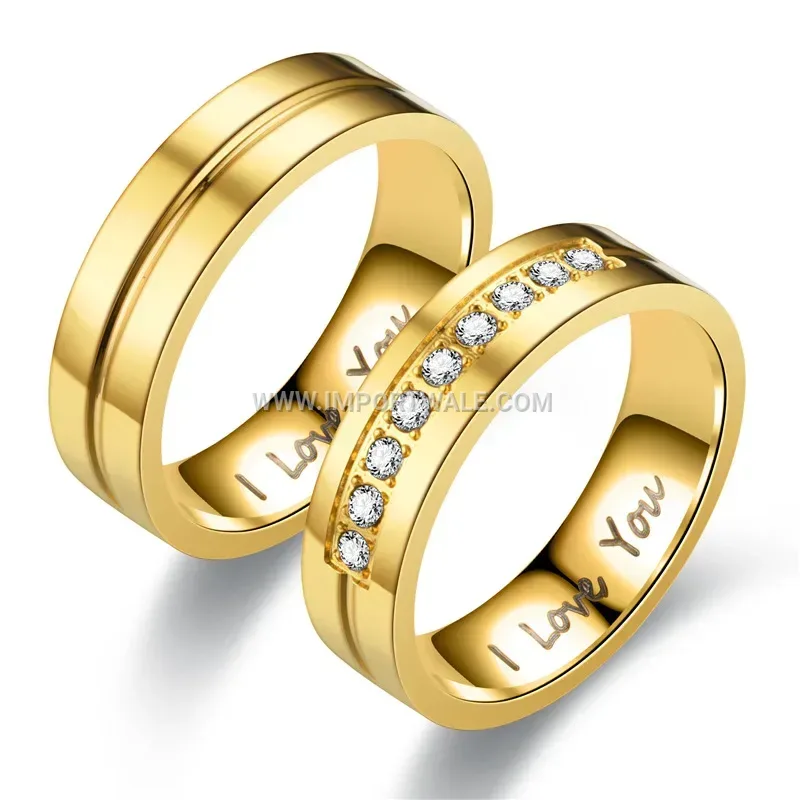 Engraved Stainless Steel Zircon Couple Band Ring