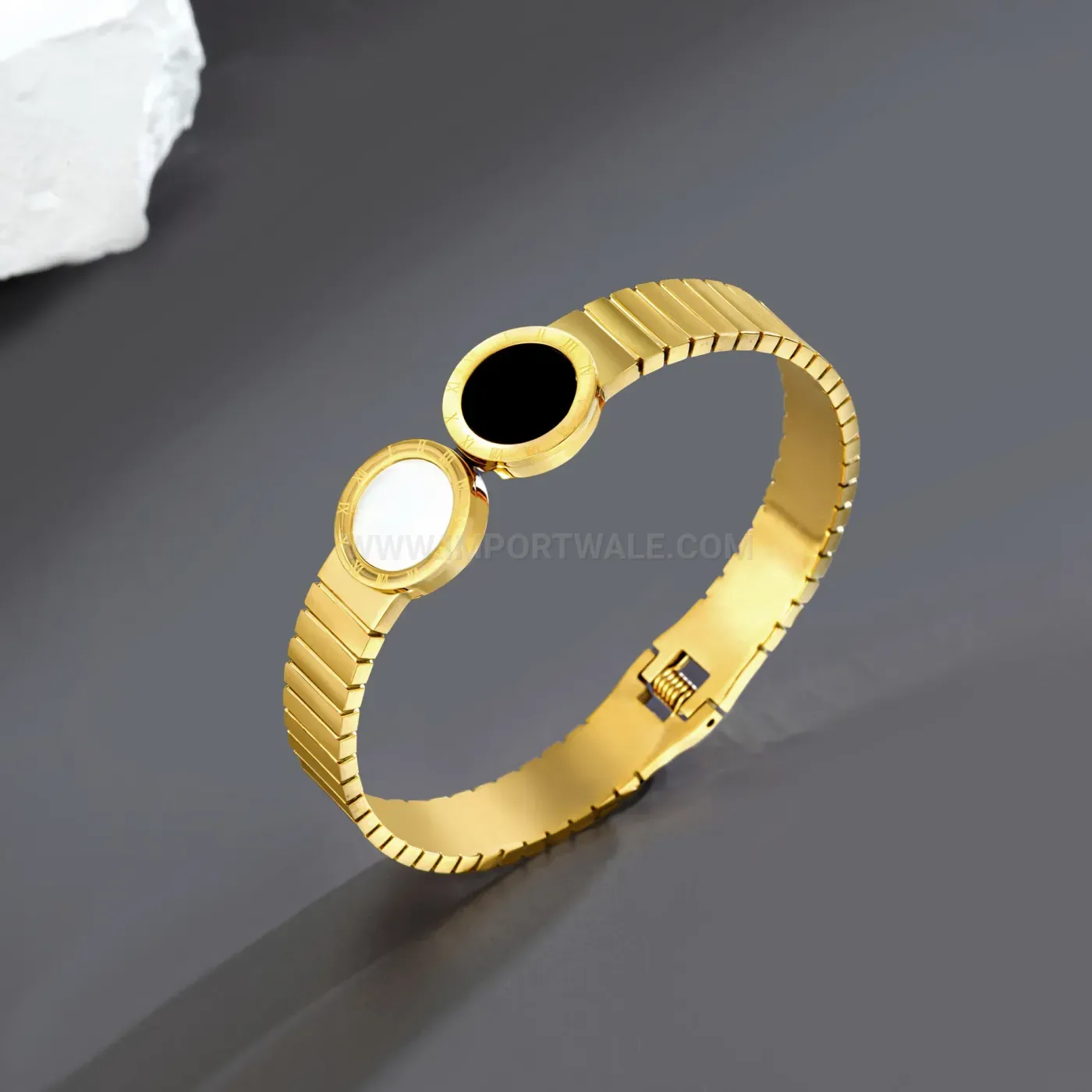 Modern Chunky Titanium Steel Spring Bangle with Black Round Medallion