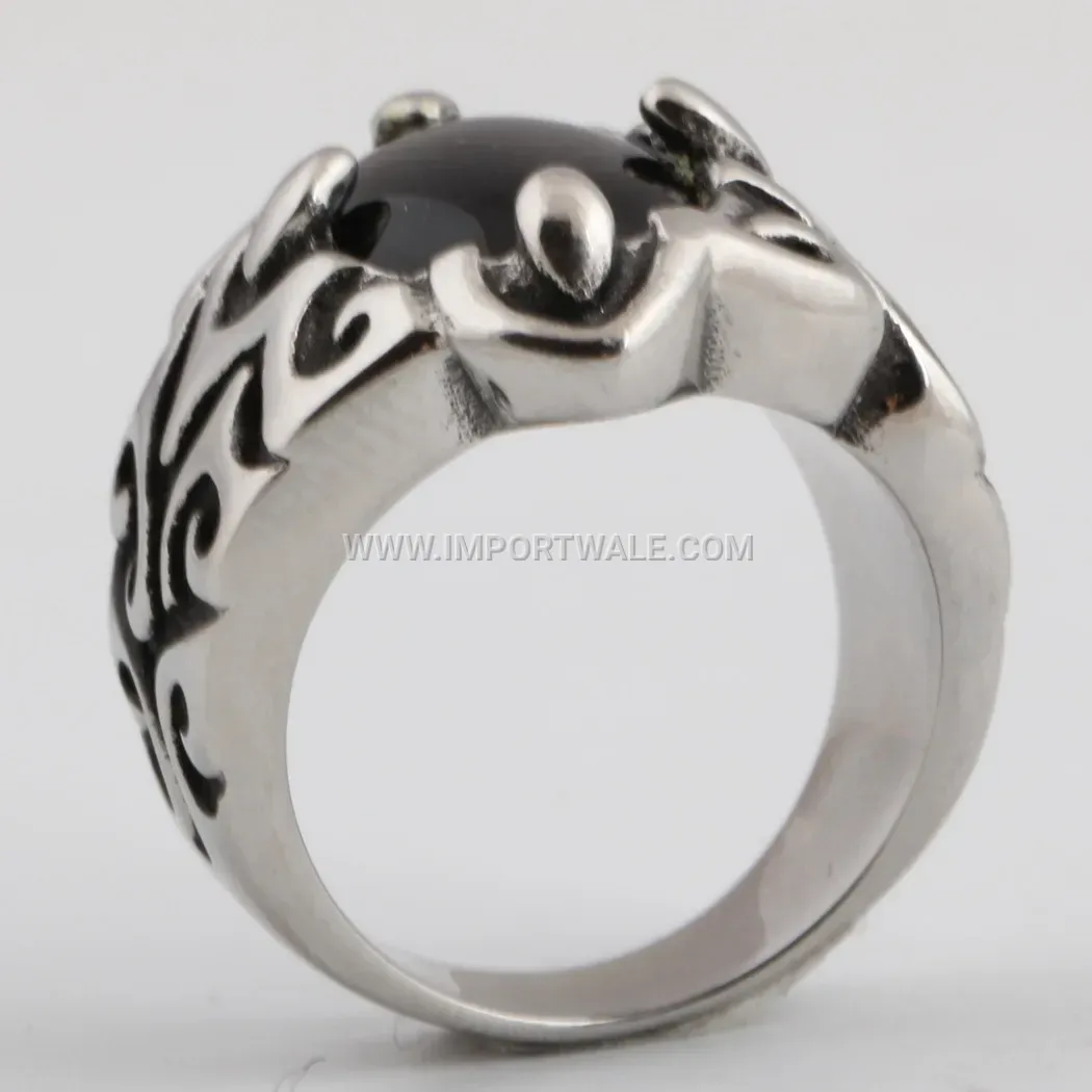 Vintage Oval Agate Inlaid Titanium Steel Signet Ring