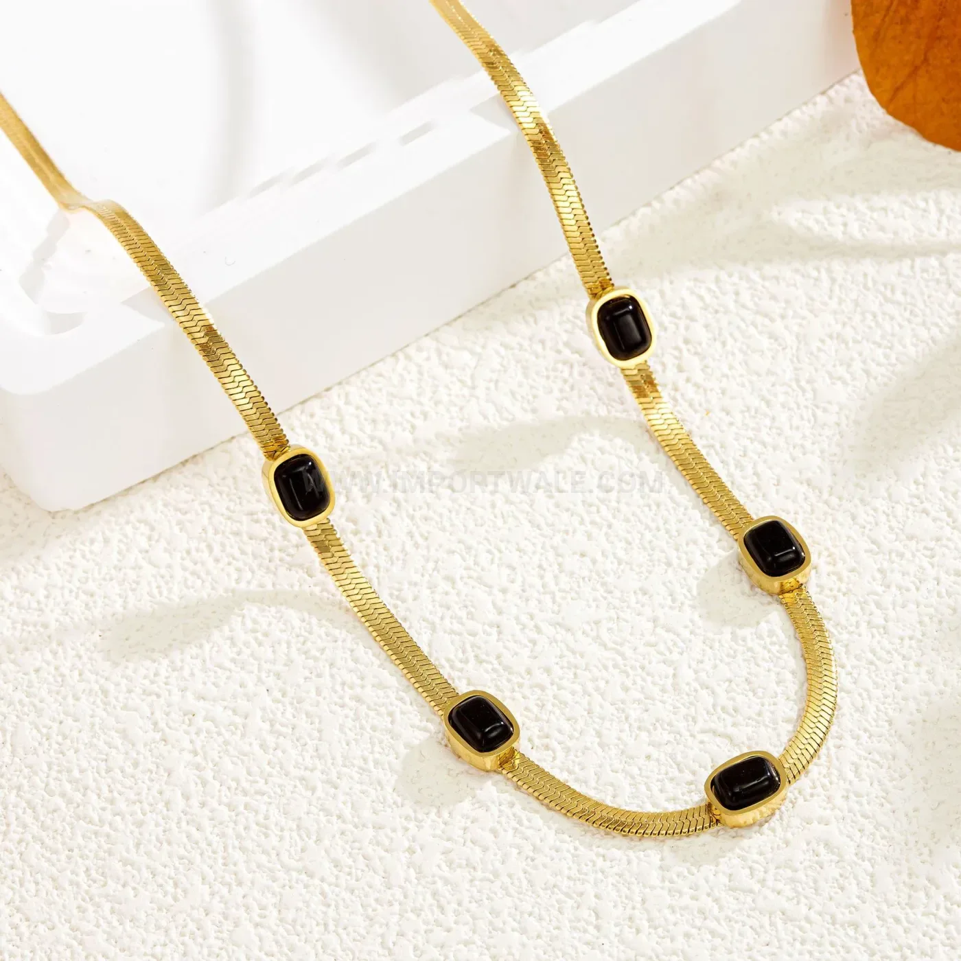 Classic Minimalist Titanium Steel Snake Chain Black Crystal Pendant Necklace