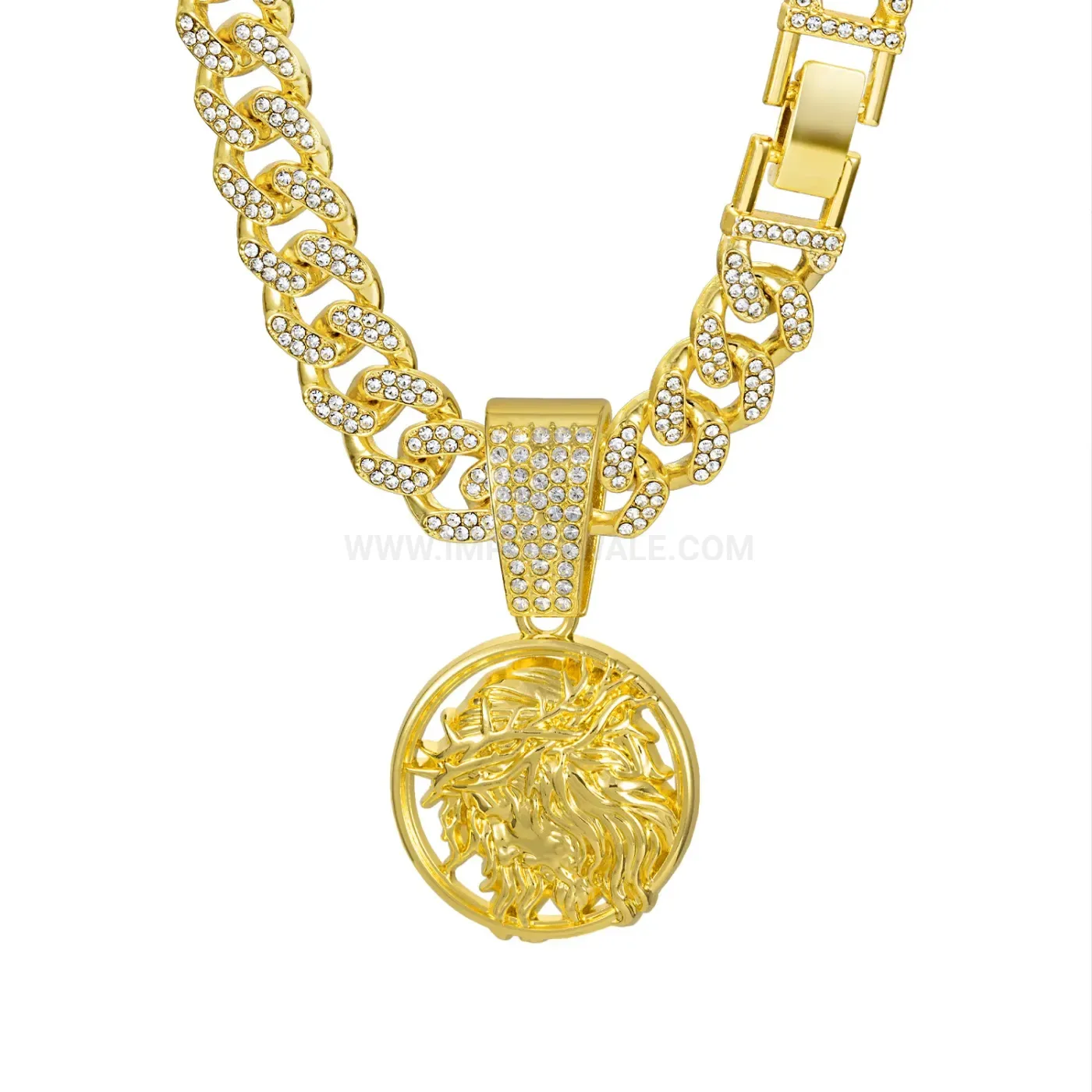 Fashion Embossed Portrait Disc Rhinestone Cuban Pendant Necklace