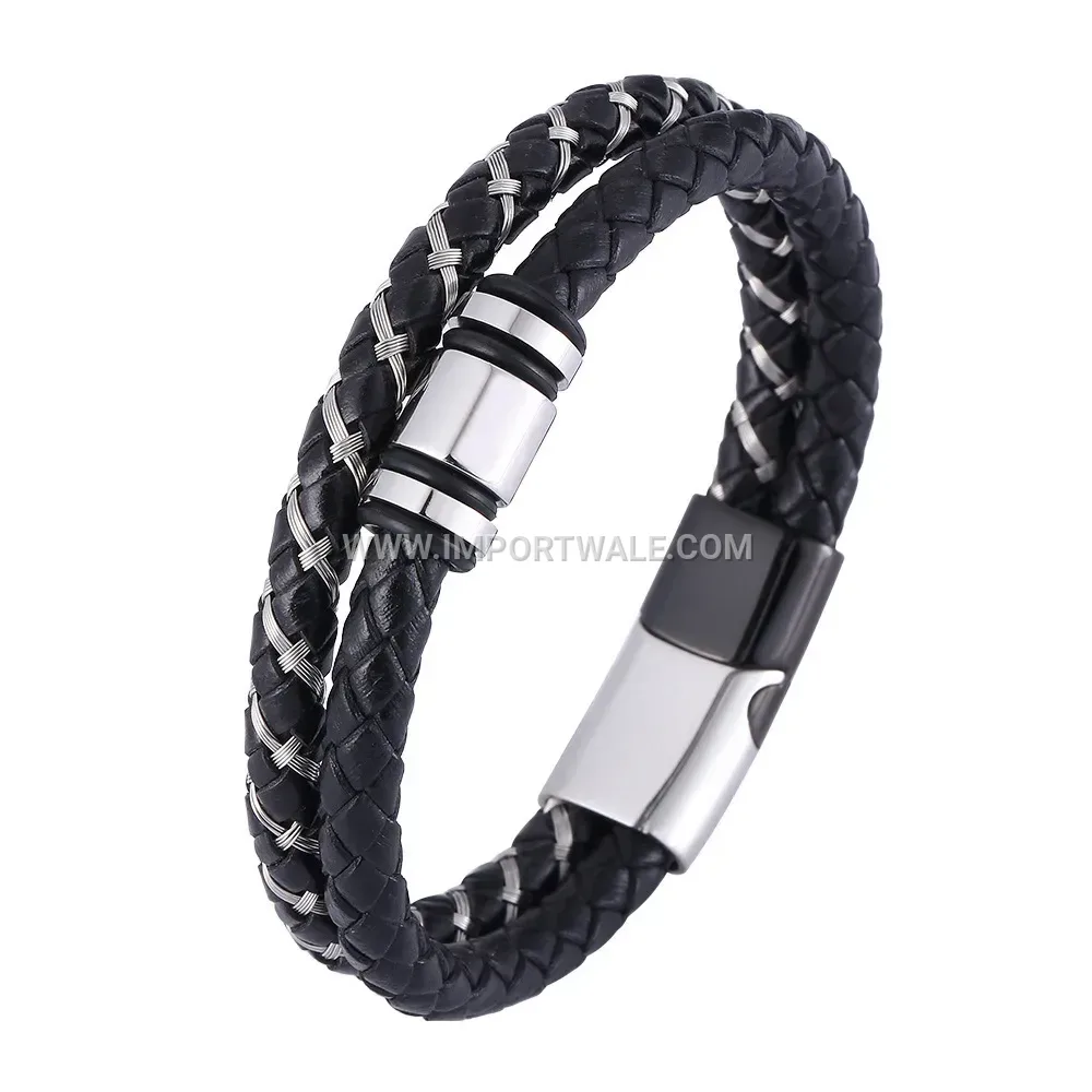Double-Layer Steel Wire and Vintage Leather Men's Braided Bracelet