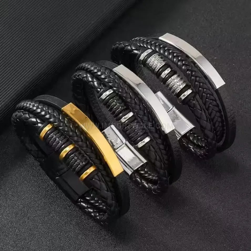 Fashion Multi-Layer Braided Leather Wristband with Stainless Steel Accents