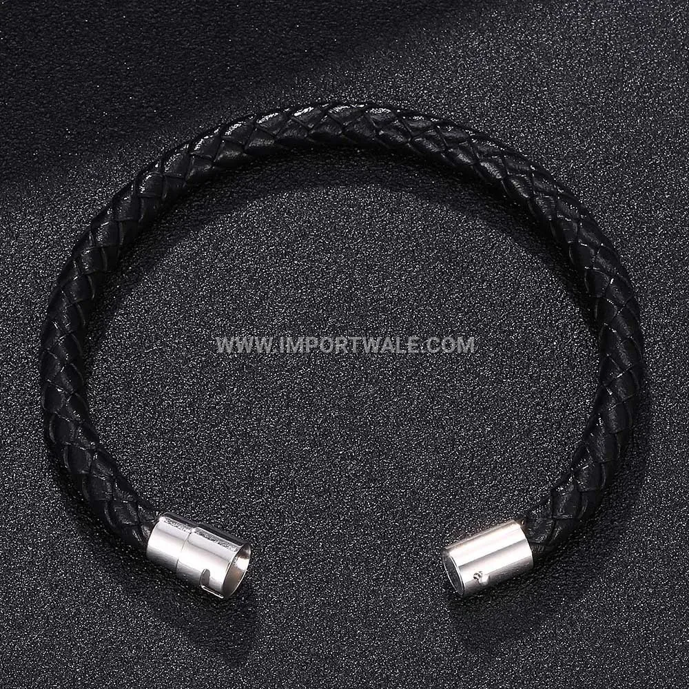 Braided Leather Cuff Bracelet with Metallic Magnetic Clasp